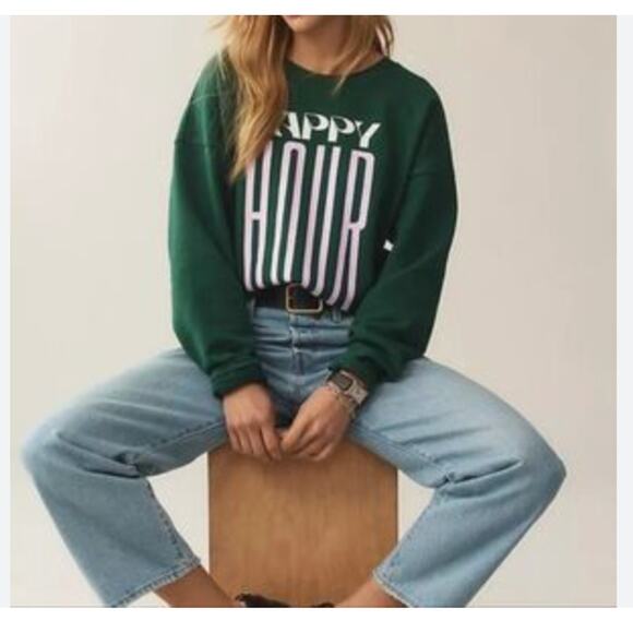 Anthropologie Maeve Happy Hour Graphic Sweatshirt Dark Green Size Small - Picture 1 of 8